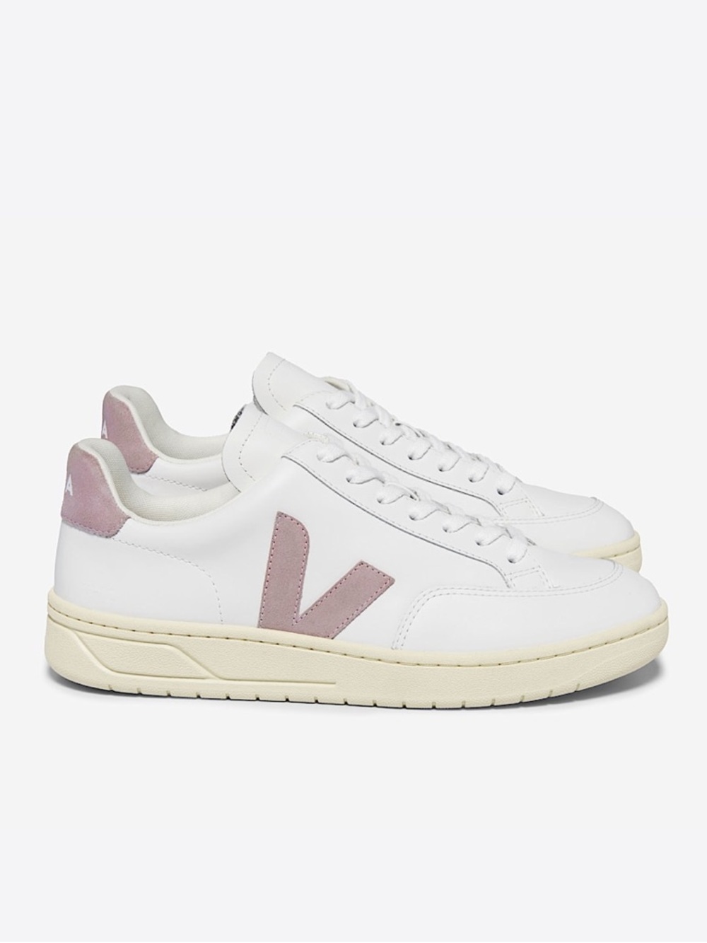 Veja V-12 Leather Suede White Sneakers In Babe Pink